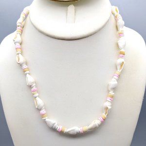 Vintage Pastel Heishi Necklace with Seashell Spacers, White and Pink Beach Barbi